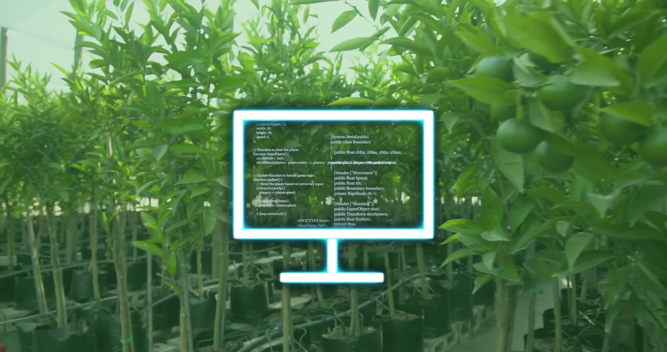 Neon-blue monitor popping over saplings, code fading into screen, showing digital growth monitoring