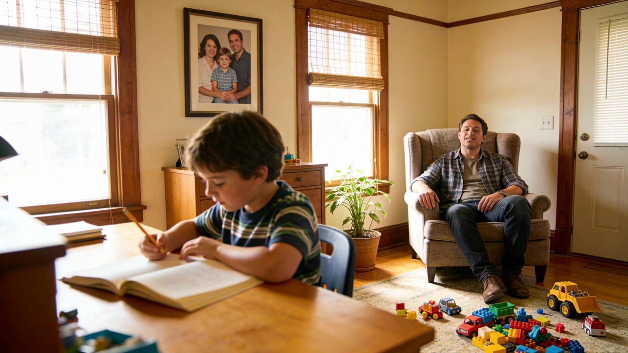 Niño con camiseta a rayas copiando la tarea de un libro abierto en casa, mientras un padre con camisa de cuadros observa.