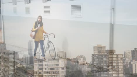 animation of asian woman in hijab with bicycle over cityscape