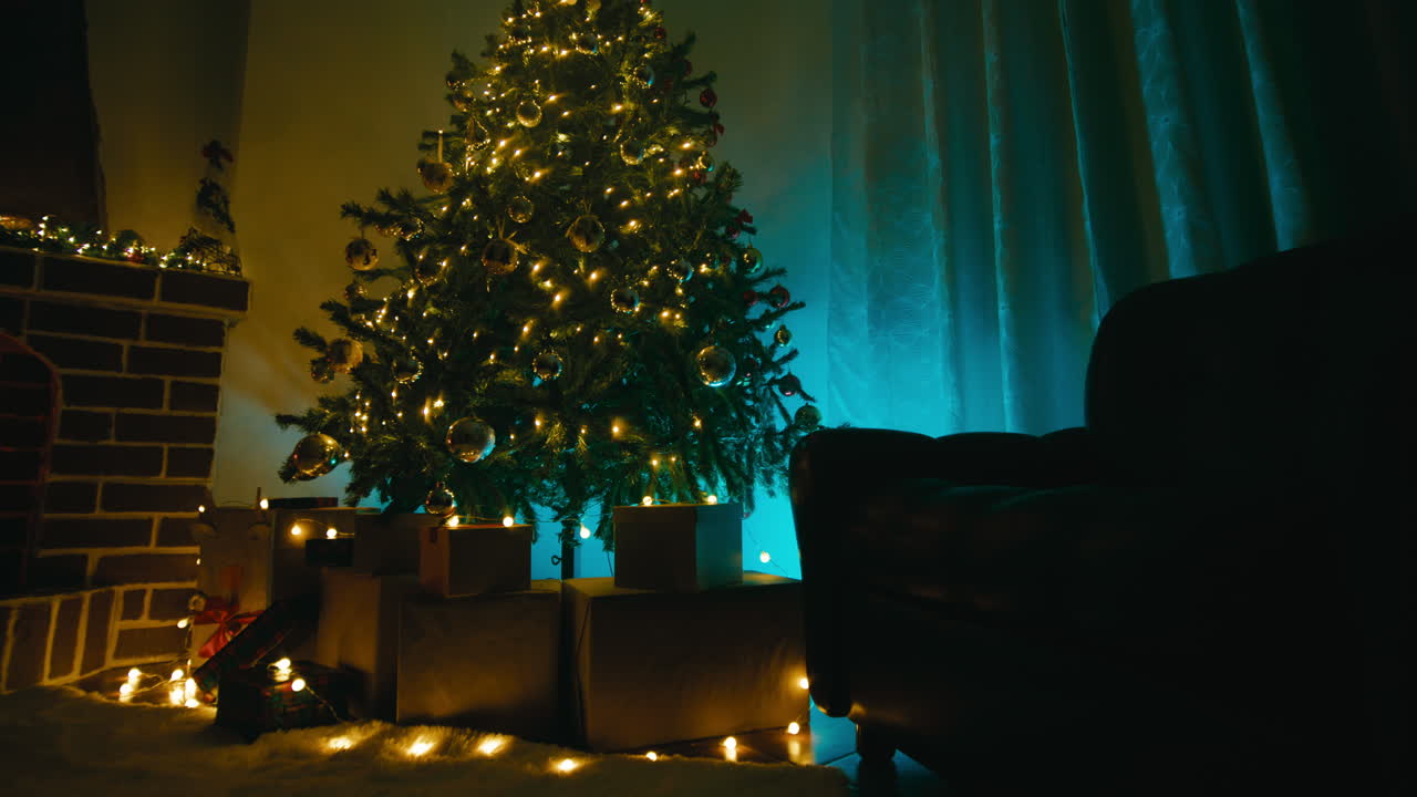 Christmas Tree Silhouette in the Living Room at Night