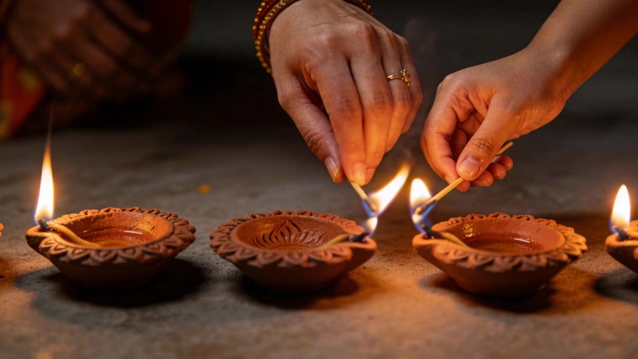 Starting with lit lamps, lighting two women bringing matches to clay lamps with bangles for ritual