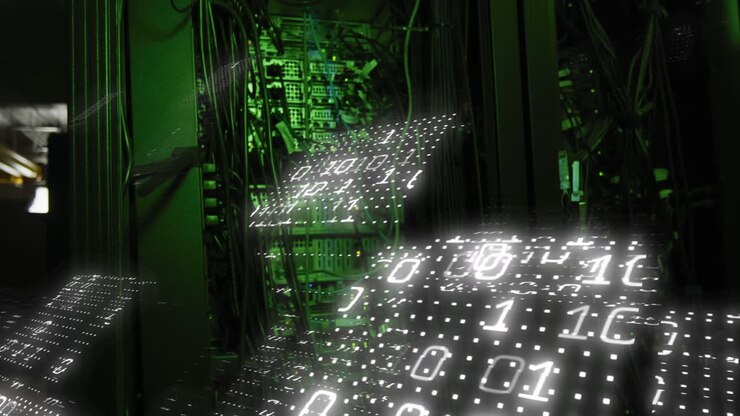 Animation of binary coding and data processing over computer servers