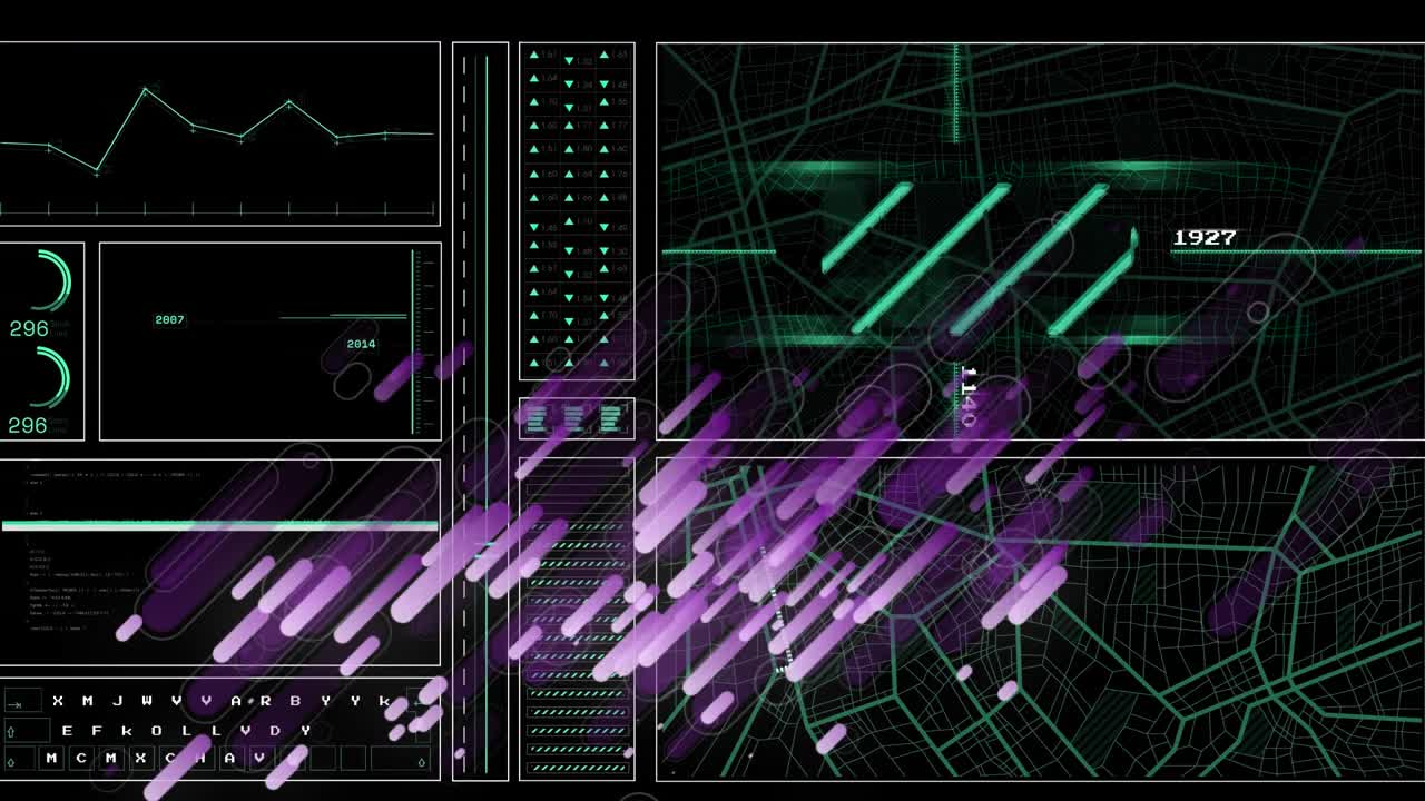 Animation von violetten Formen über vielfältiger Datenverarbeitung auf einem schwarzen digitalen Bildschirm