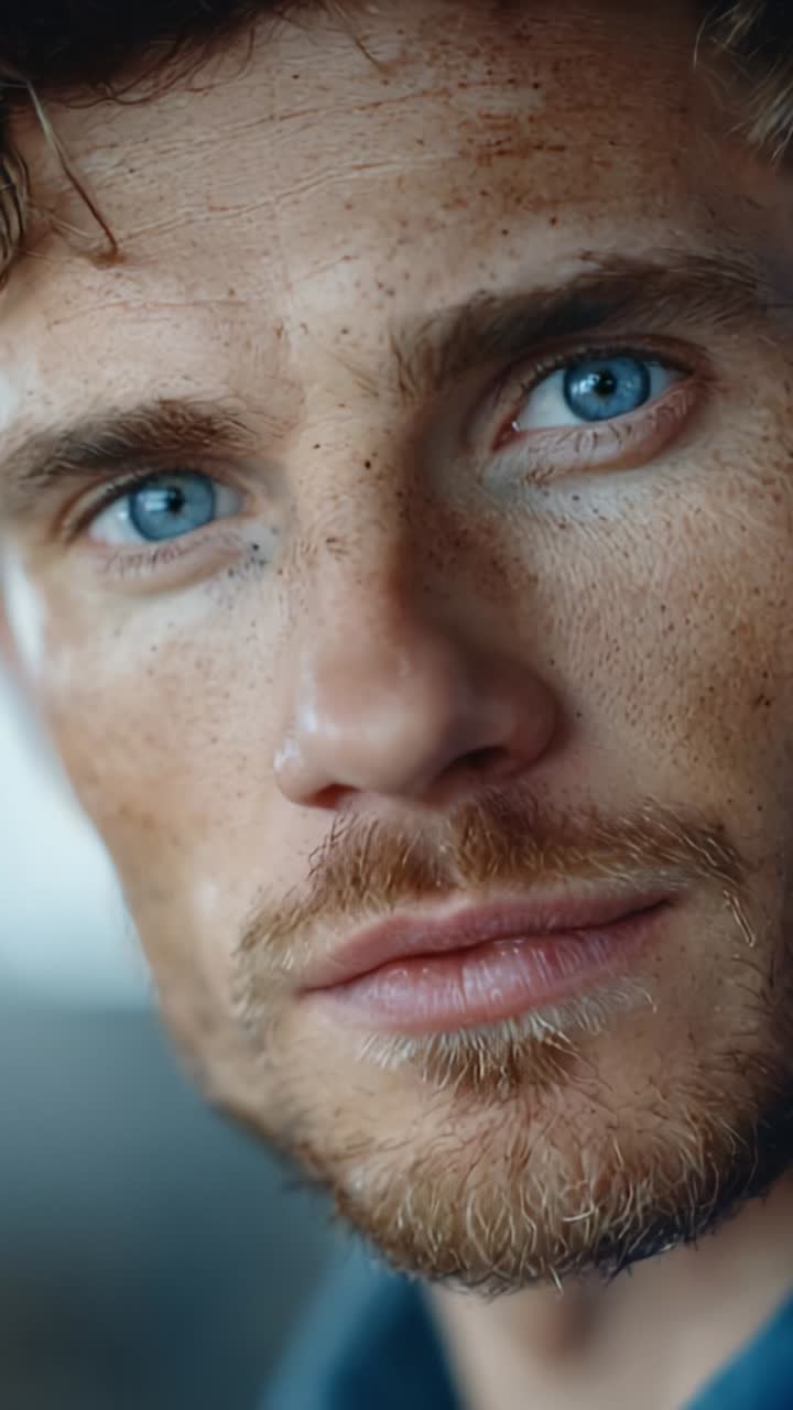 Close-up Portrait of a Young Man with Striking Blue Eyes and Freckles, Capturing a Sense of Introspection and Thoughtfulness in Natural Light
