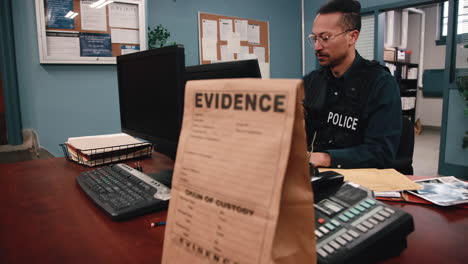 Police-officer-working-on-the-computer-with-evidence-in-the-foreground