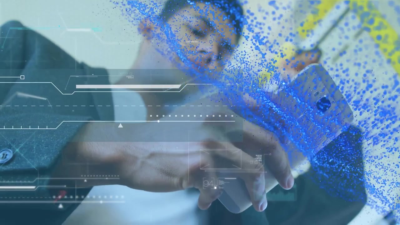 Animation of blue wave and data processing over men using smartphone