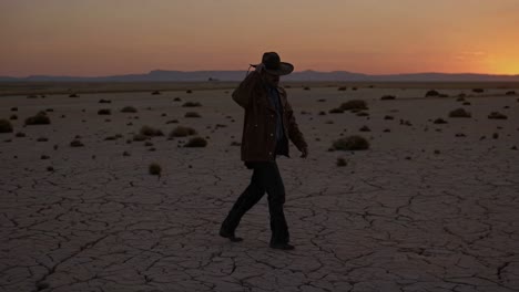 cowboy walking in the desert at sunset
