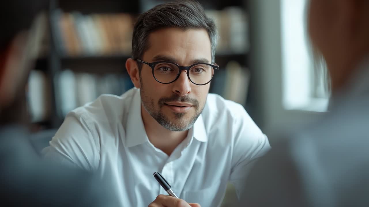 Clients posing queries, adviser wearing white shirt holding pen, clarifying points at office