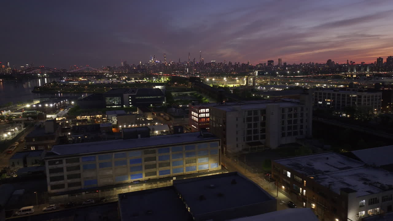 Drone shot of The Bronx at night. Shot in New York City.
