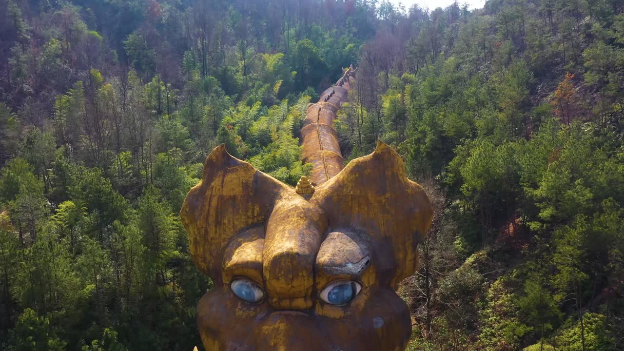 Aerial view of the abandoned Dragon Park in Jiuhua Mountain, Anhui Province, China. The image features a massive, decaying dragon sculpture lying among the trees.