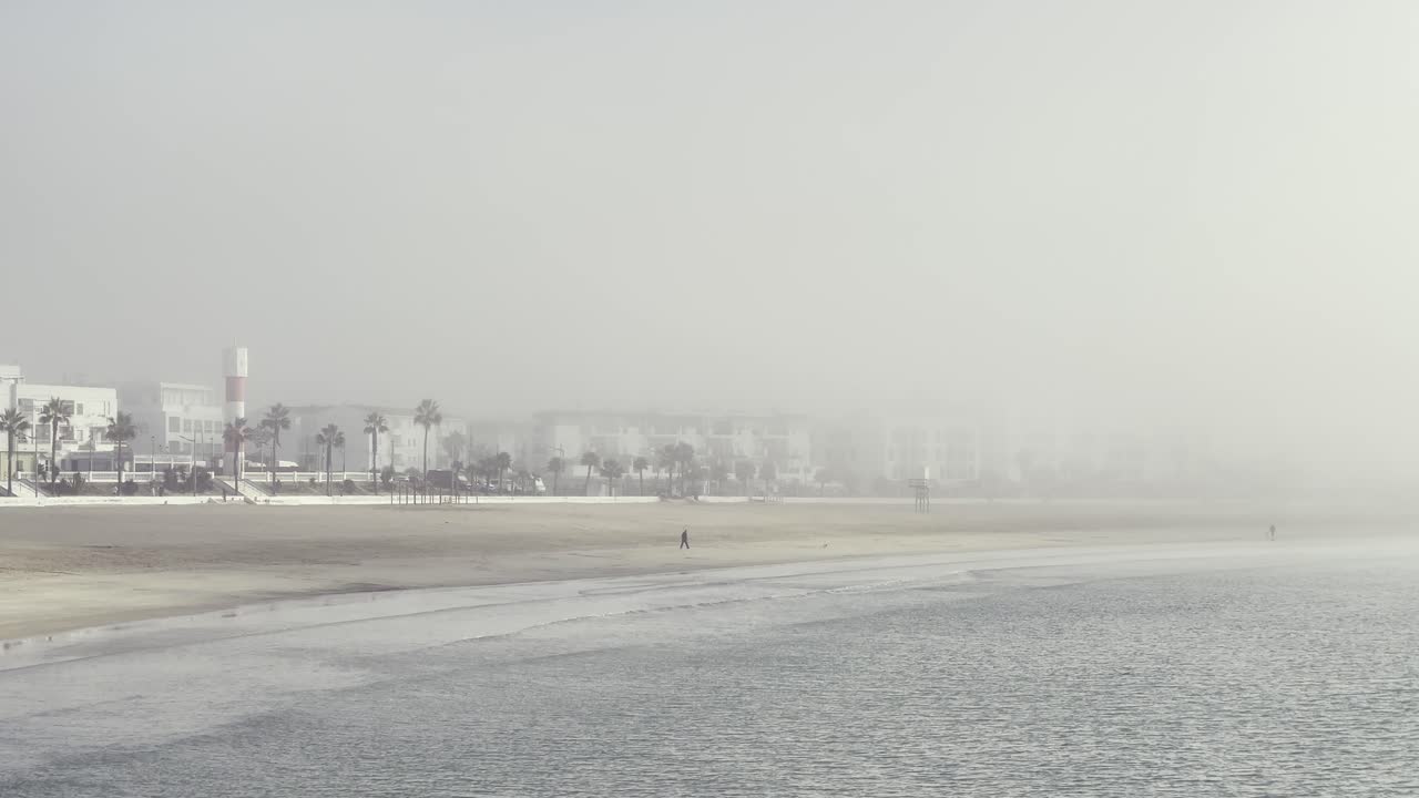 Barbate beach in Andalusia, Spain, is shrouded in fog on a misty morning, creating a mysterious and atmospheric scene with palm trees and buildings barely visible in the background