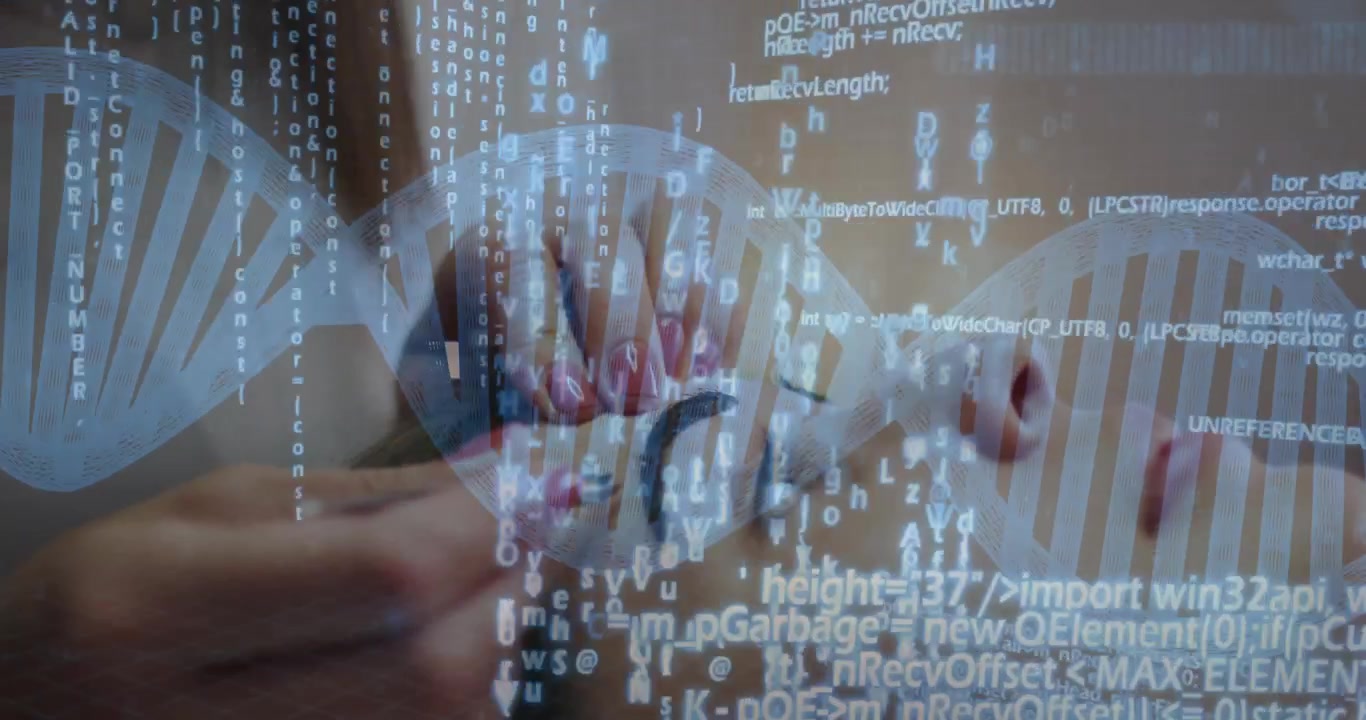 Woman tapping smartphone screen in biotech office, showing translucent DNA helix and code