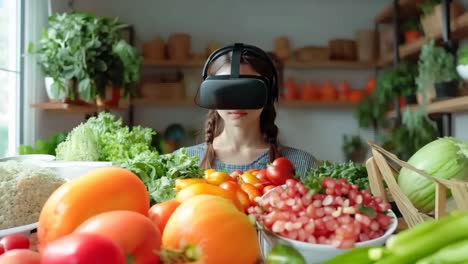 una mujer con auriculares de realidad virtual frente a una mesa llena de verduras