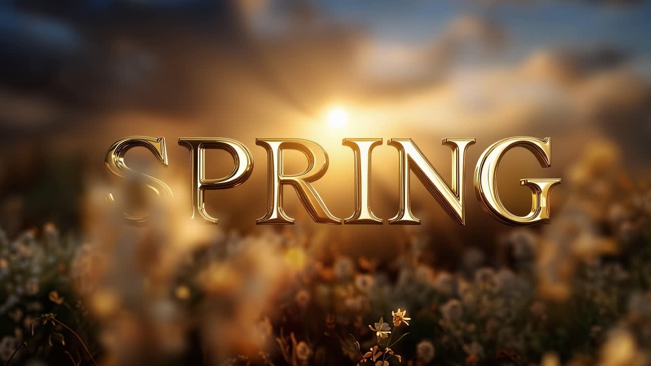 Golden letters spell SPRING, glowing softly. Sunlight glows behind blooming wildflowers. Warm hues paint the background in gentle glow. Faint bokeh adds depth to the natural setting