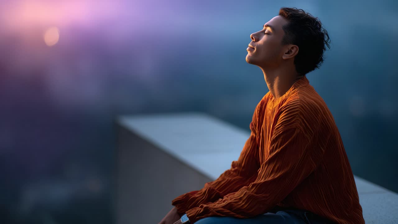 Contemplative Moment at Dusk: A Young Man Sits Peacefully on a Ledge, Embracing the Tranquility of the Evening Sky Full of Soft Colors and Serenity