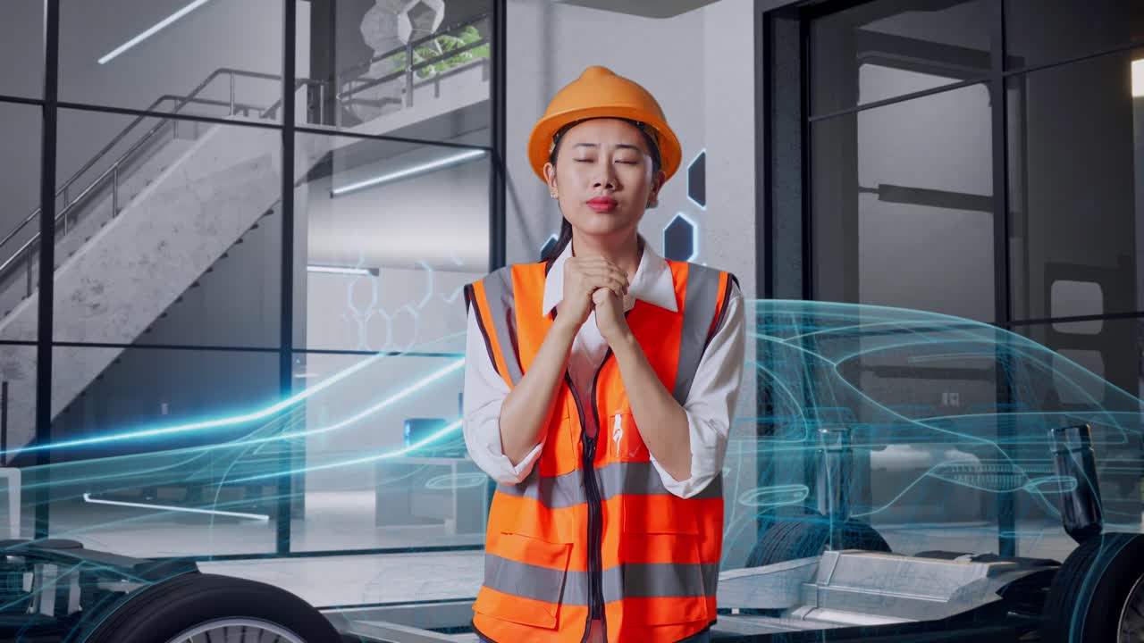 여성 엔지니어가 현대 자동차 연구 시설에서 기도하고 있습니다.