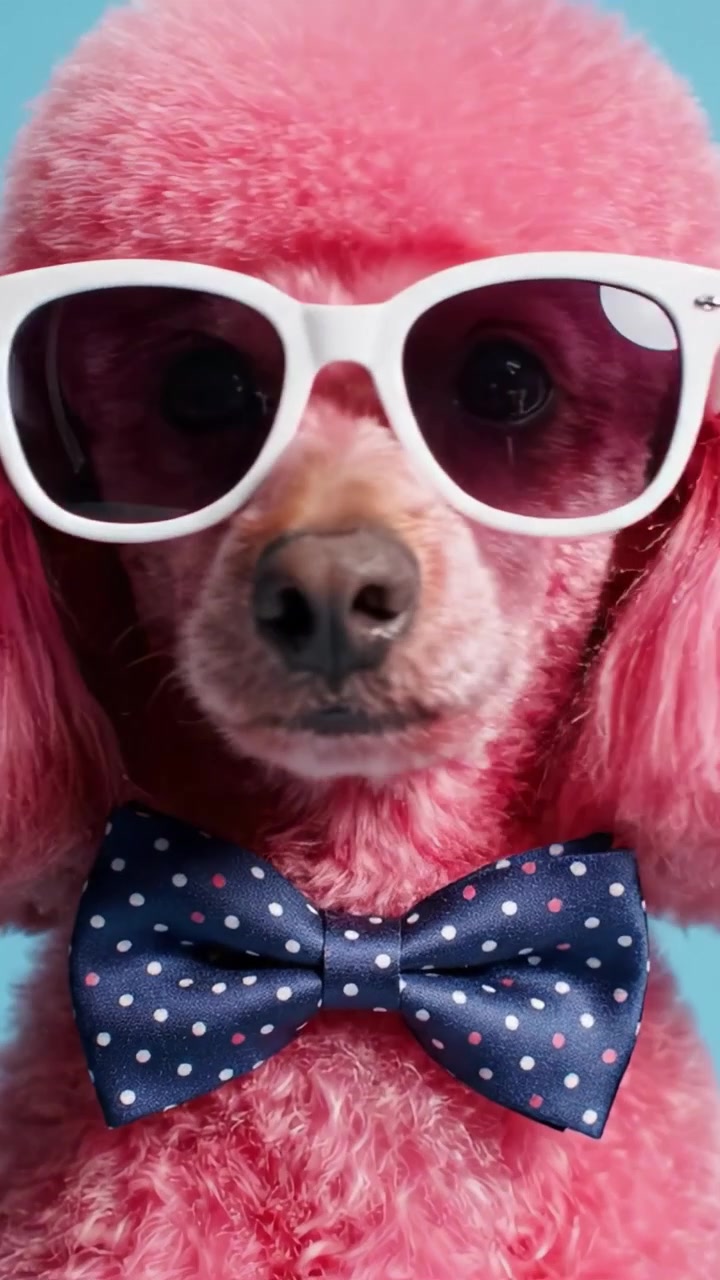 Un elegante barboncino rosa che sfoggia occhiali da sole alla moda e un affascinante papillon a pois, in un'ambientazione di ritratto vivace e divertente.
