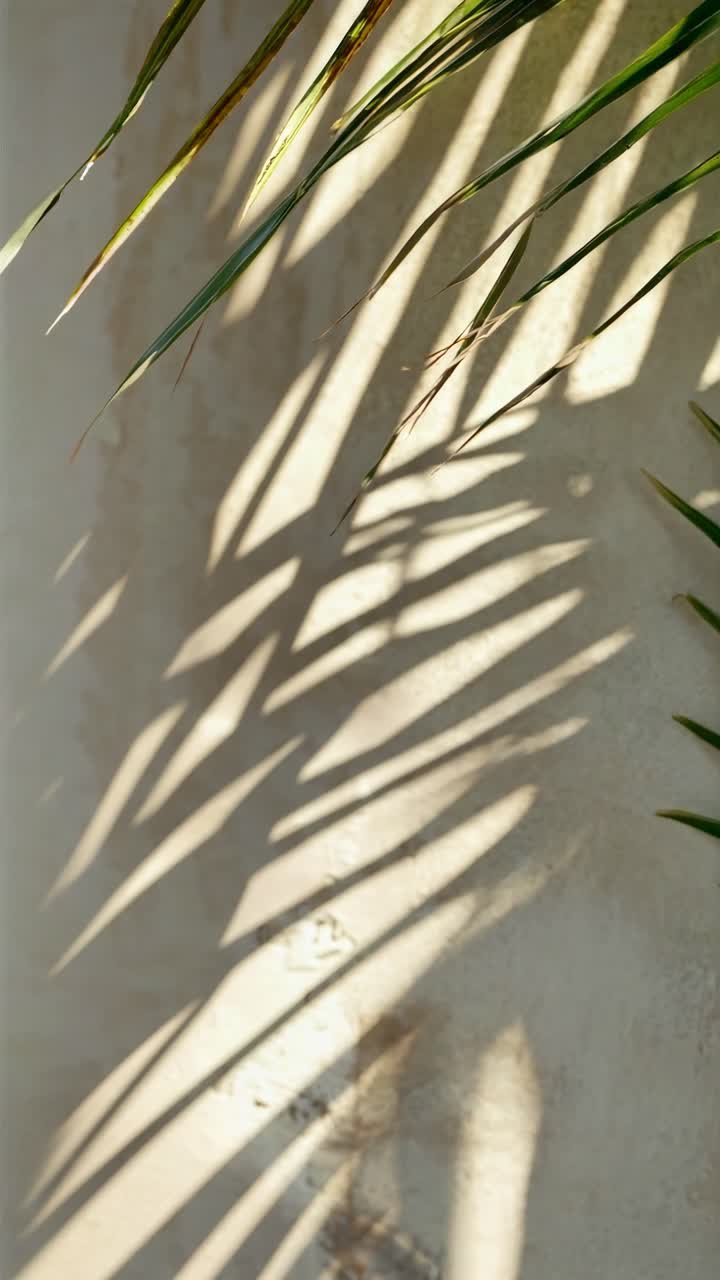 Aesthetic video of palm leaves casting shadows on a sunlit wall
