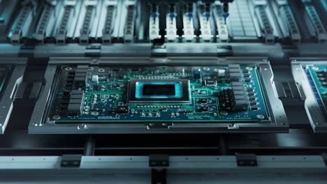 la máquina automática de selección y colocación instala componentes en la placa de circuito. línea de ensamblaje en la fábrica de fabricación de electrónica y placas de circuito.