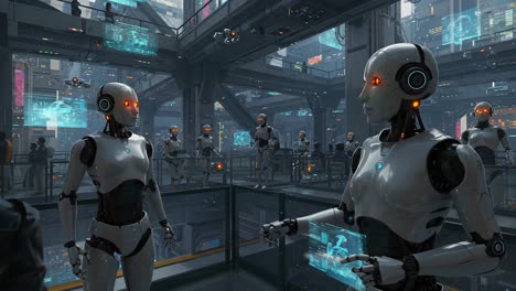 a scene from a futuristic city where advanced robots interact with each other, featuring high-tech environments and vibrant interfaces in a dystopian setting