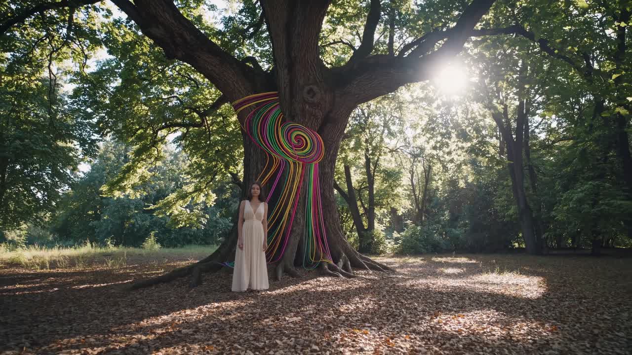 Woman in flowing dress stands beside a majestic tree adorned with colorful spirals, sunlight filtering through leaves, creating a serene and enchanting atmosphere in nature