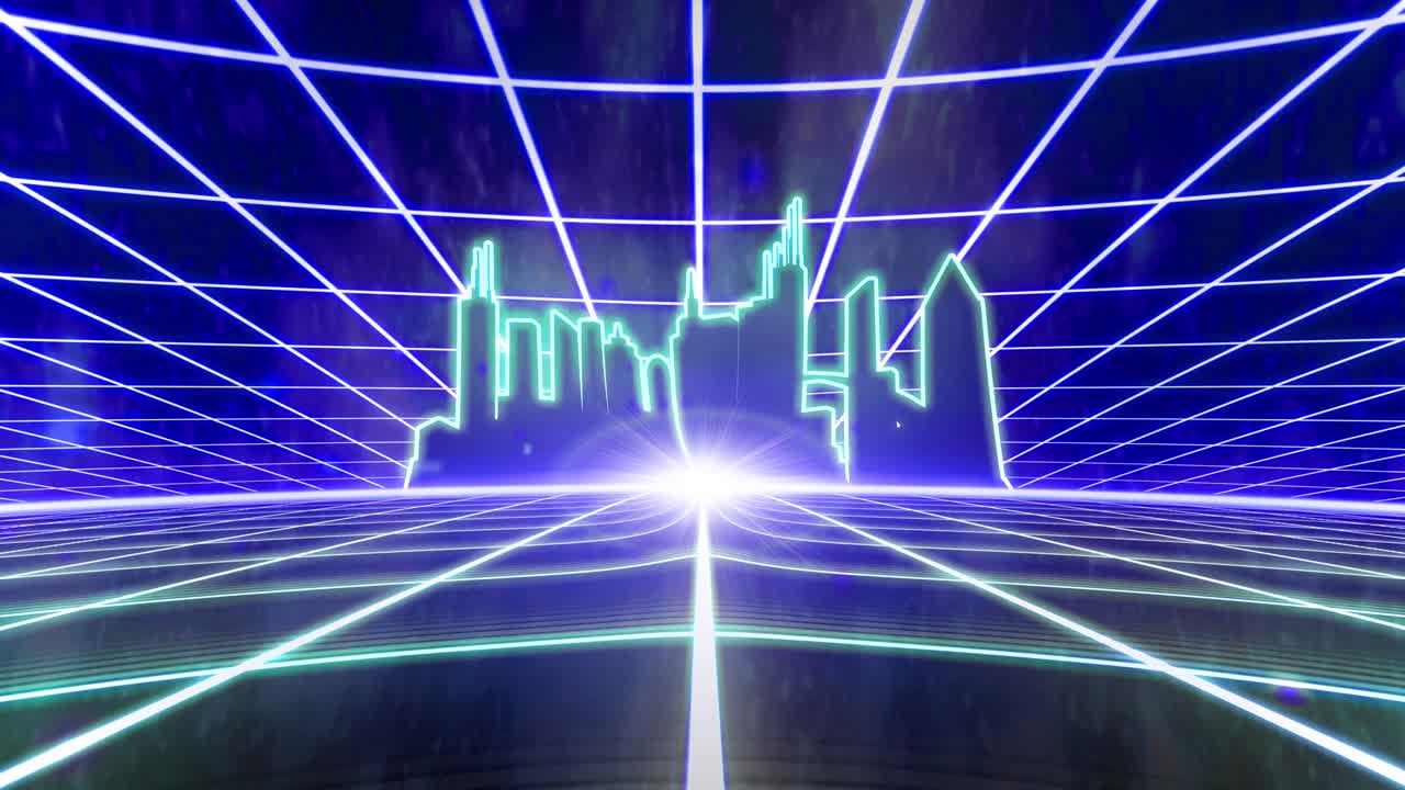 Anni '80 retrò nastro VHS intro videogioco paesaggio vettoriale arcade città wireframe 4k