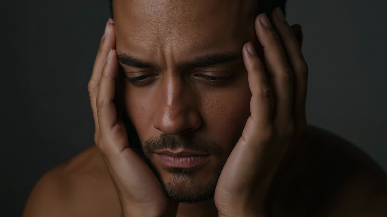 Tenendosi per mano per guardarsi mentre le inquadrature iniziano in studio, uomo a torso nudo che aggrotta la fronte e si concentra