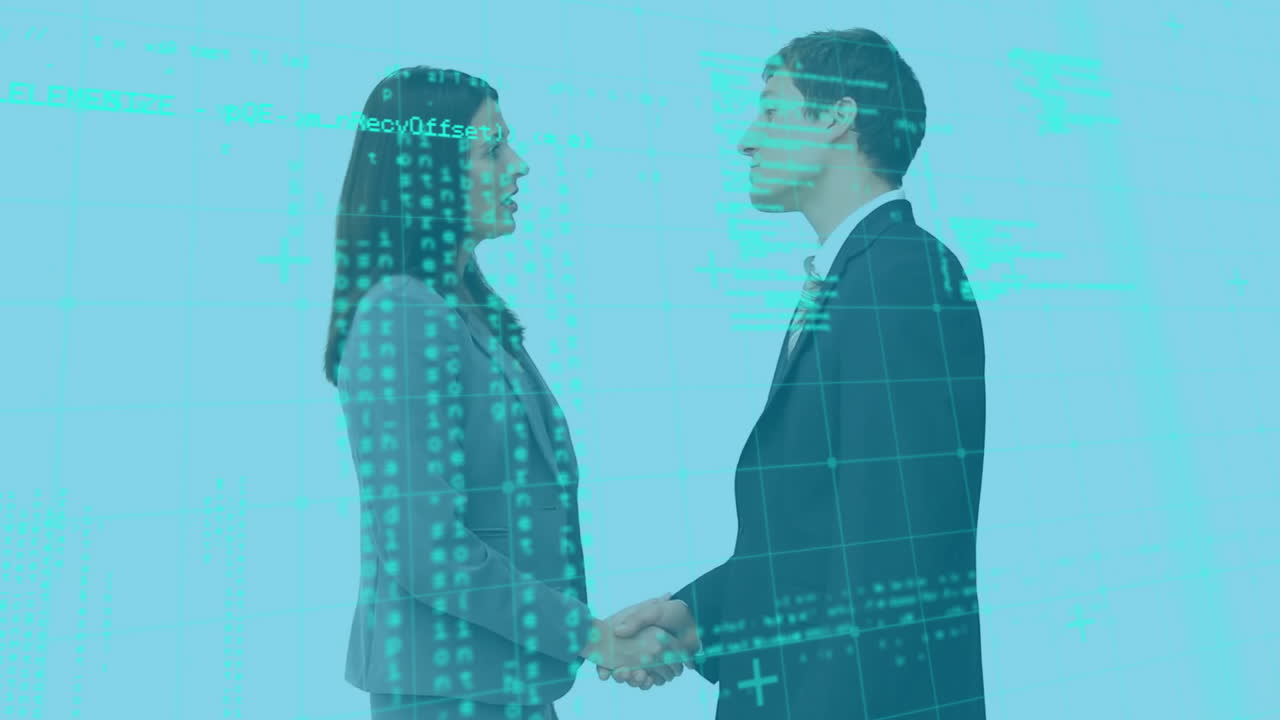Animazione di elaborazione dati su persone diverse che si stringono la mano in ufficio