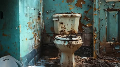 a dirty toilet sitting in an abandoned bathroom with peeling paint on the walls