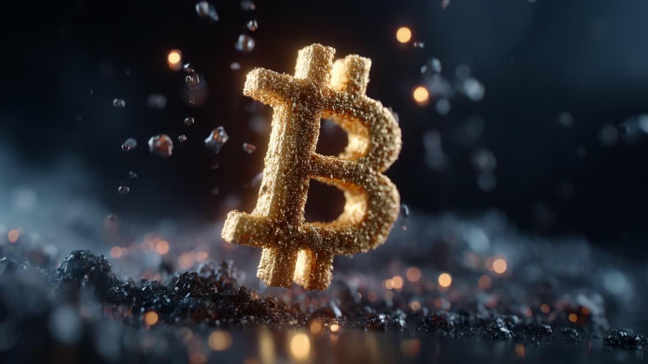 The Golden Bitcoin Symbol: A Shimmering Representation of Cryptocurrency in a Digital Realm Filled with Light and Shadow Effects