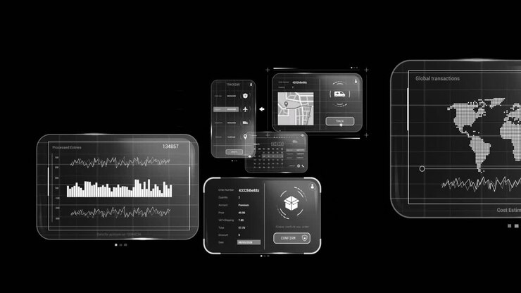 Animation of data processing on screens over black background