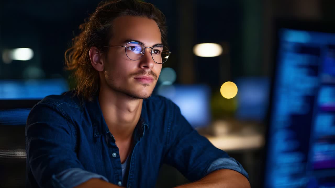 Focused and Joyful: A Young Man in Glasses Experiences a Moment of Triumph While Working at His Computer in a Dimly Lit Room Late at Night
