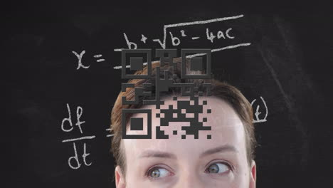 animation of qr code, mathematical equations over caucasian businesswoman