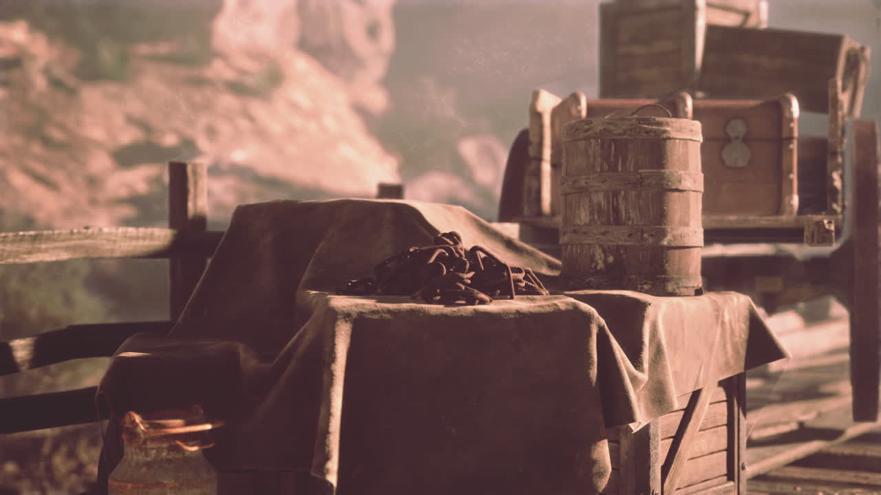 빈티지 도구와 함께 시골 목조 카트