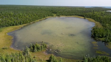 Aerial-view-of-small-inland-lake-from-Lake-Huron-coastline,-Michigan