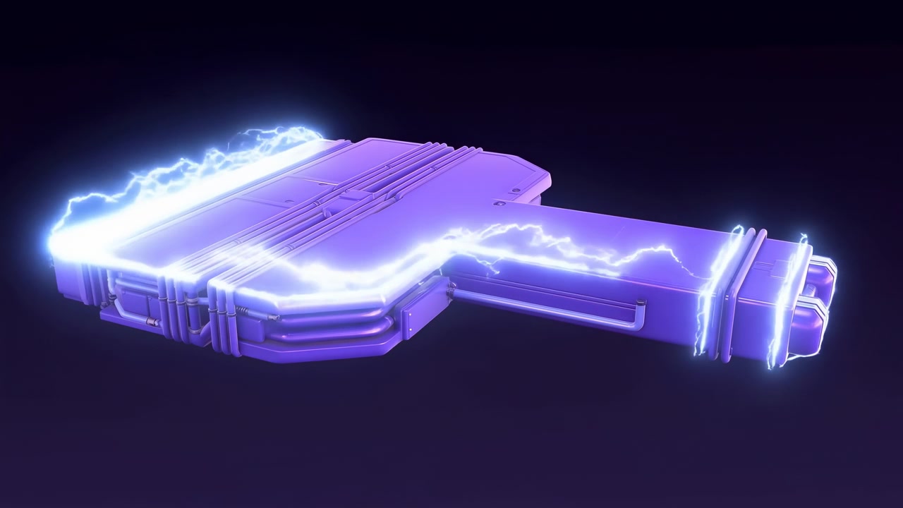 Dispositivo viola in carica con archi elettrici su sfondo scuro, modulo lucido emette plasma blu e scintille