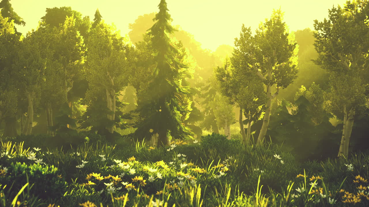 만화의  ⁇ 빛이 나무들을 가로질러 흐르고 있습니다.