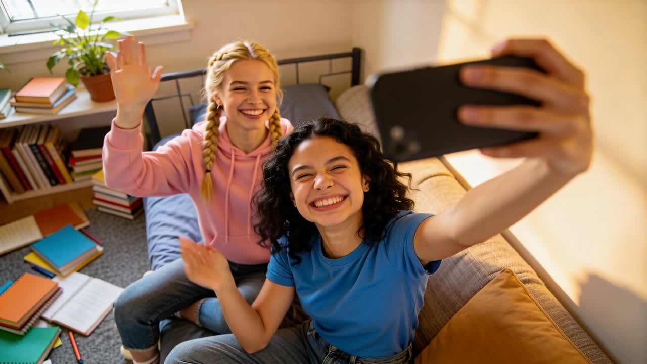 Estendendo lo smartphone, una ragazza dai capelli scuri in maglietta blu si scatta un selfie in camera da letto, felpa rosa che sventola