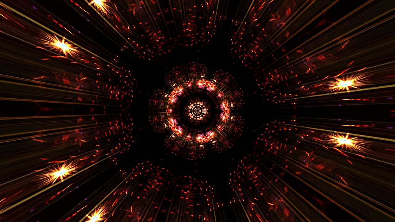 Background Futuristic Light Rotation with Burst Kaleidoscope Flare Lights. 4K Seamless loop. Abstract Shape with Light Moving And Rotating. Fluorescent bright gold light for titles, presentation.