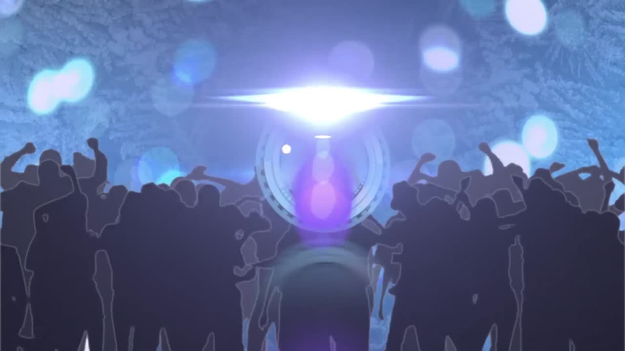 보케 블루 라이트와 스포트라이트와 함께 춤추는 군중 위에 시계 표면을 가진 스캐너의 애니메이션