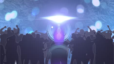 animation of scanner with clock face over dancing crowd with bokeh blue lights and spotlight