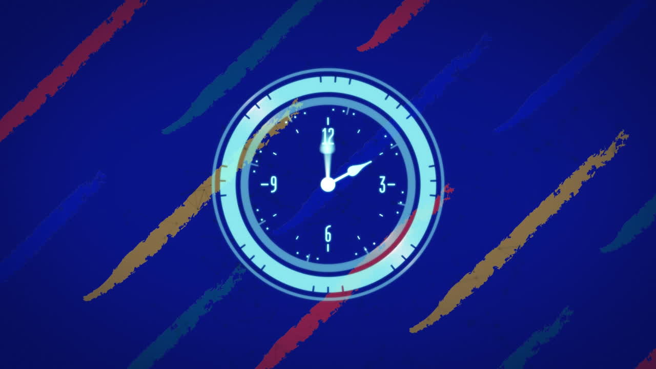 Animation of scanner with clock face processing over blue background with stripes