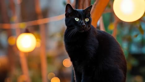 a black cat sitting on top of a wooden post