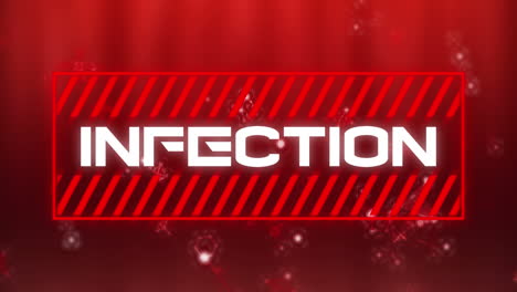 animation depicts "infection" with covid-19 elements on a red backdrop.