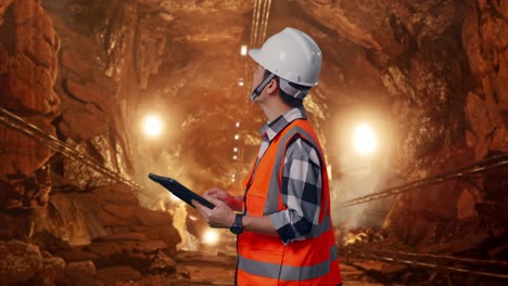 side view of asian male engineer with safety helmet looking at the tablet in his hand and looking around while standing in underground mine tunnel