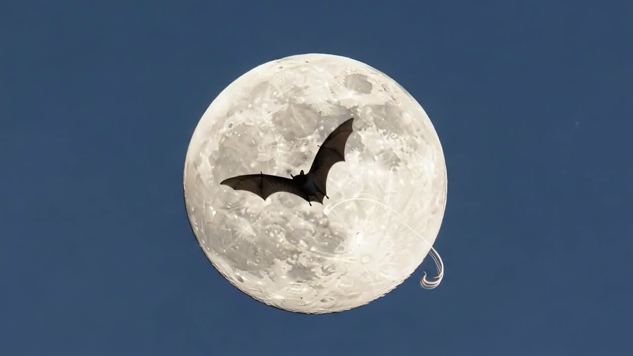 A Mysterious Bat Soars Across a Bright Full Moon, Creating an Enchanting Night Sky Scene Filled with Whimsical Elements and Symbolic Nighttime Imagery
