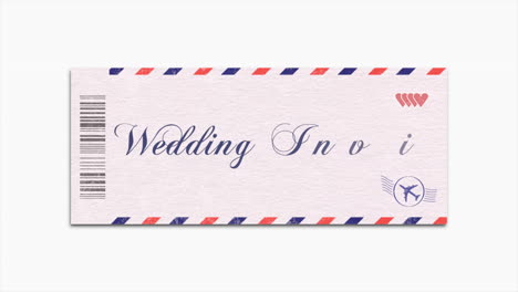 wedding invitation on postcard with hearts and airplane