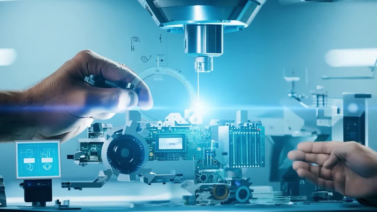 una mano si estende per toccare un braccio di macchina mentre lavora su un circuito. la scena è illuminata in blu, creando una sensazione futuristica.