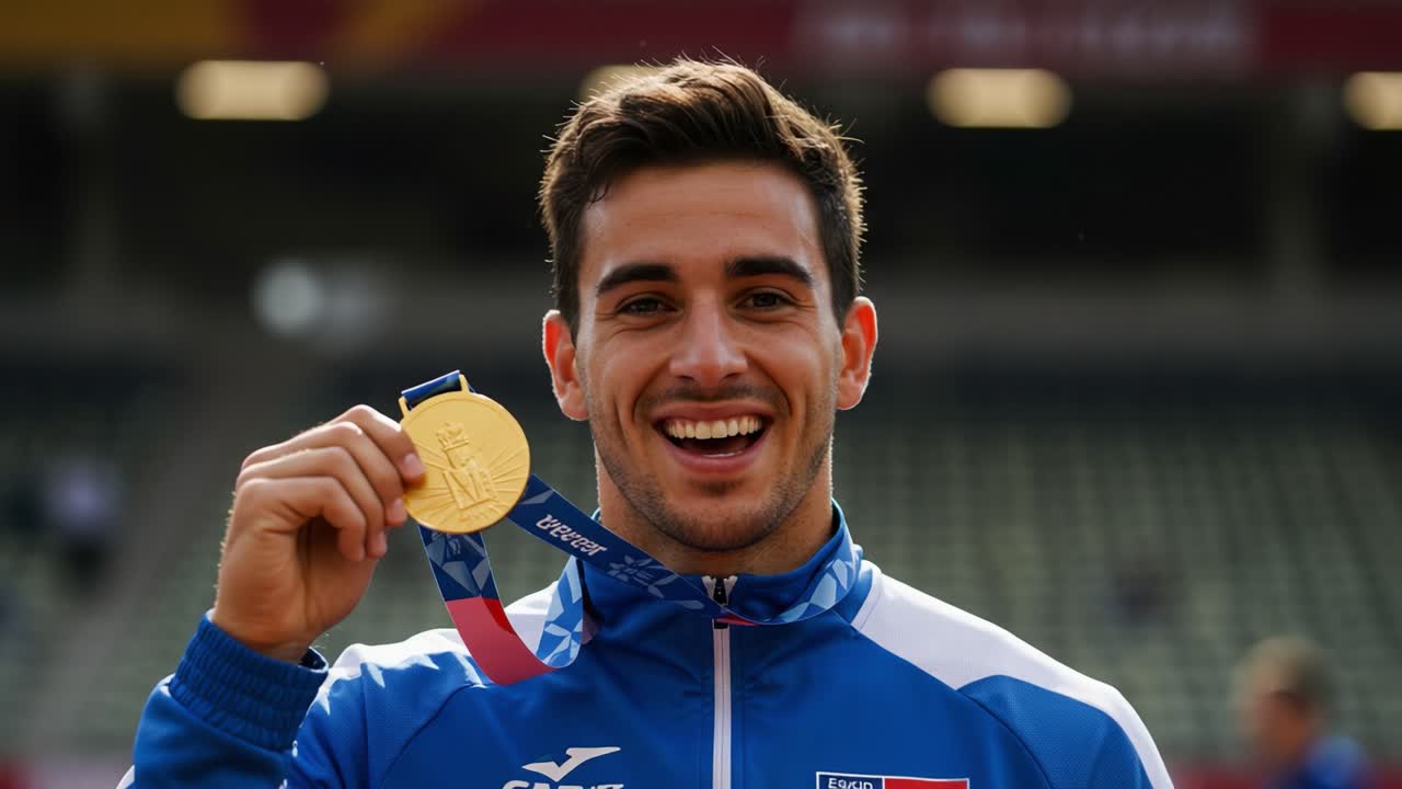 Joyful Athlete Celebrating Victory with Gold Medal at Competition, Radiating Accomplishment and Pride in a Moment of Achievement and Success