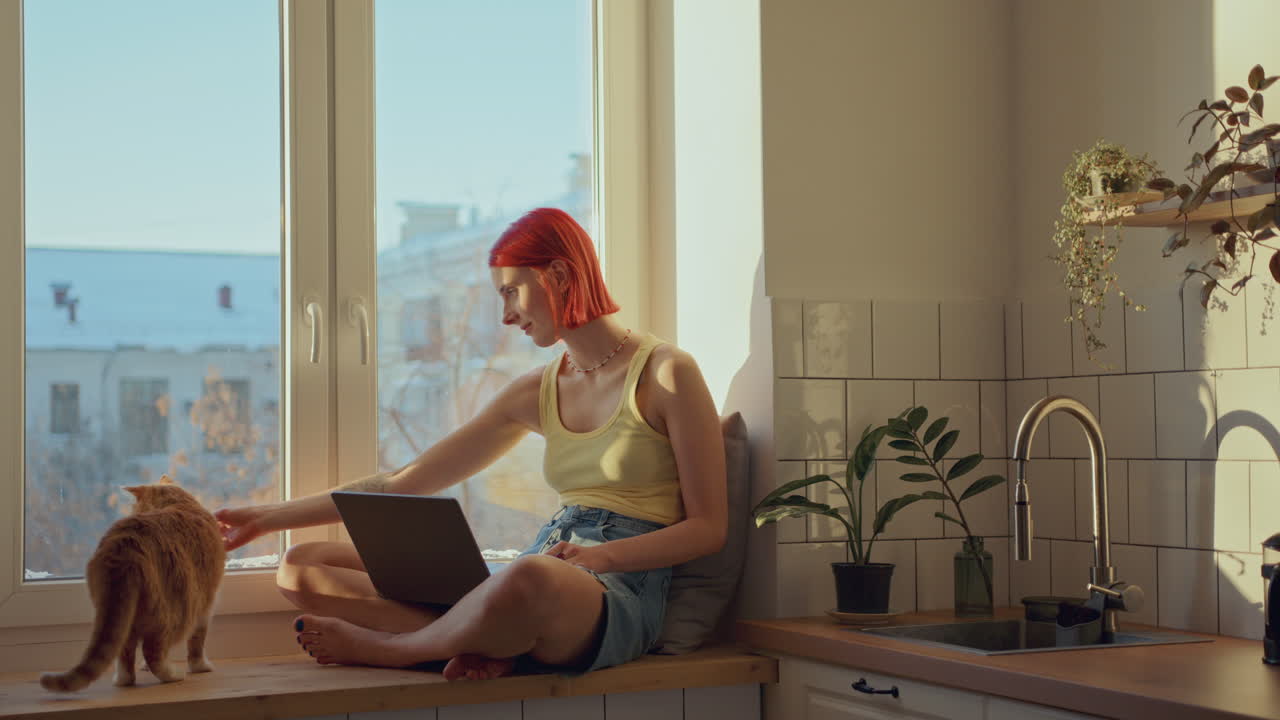 Pige sidder i vindueskarmen derhjemme, kæler med kat og arbejder på bærbar computer